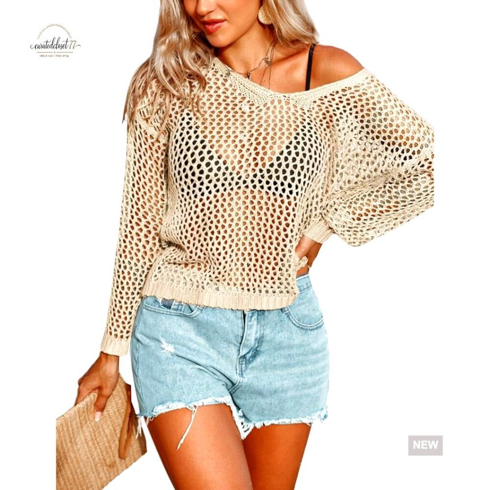 Large Slim Fit Polyester Crochet Cover Up Long Sleeve Beach Top